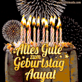 A chocolate birthday cake with glowing candles, the German text 'Alles Gute zum Geburtstag Aayat,' and vibrant fireworks lighting up the background in an animated GIF.