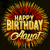 Golden 'Happy Birthday Aayat' text accompanied by animated rainbow fireworks for a festive animated greeting.