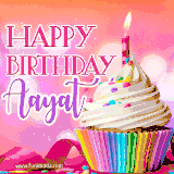 A vibrant birthday GIF featuring a rainbow-colored cupcake topped with white frosting, sprinkles, and a lit candle. The text reads 'Happy Birthday Aayat' in bold pink and violet letters with white outline.