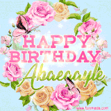 A charming animated GIF featuring 'Happy Birthday Abaegayle' in pink and green text, surrounded by delicate roses, leaves, and fluttering butterflies on a soft light blue pastel background.