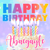 A vibrant animated name GIF with the words 'Happy Birthday Abaegayle' with colorful candles on a creamy cake. The background sparkles with pastel shades, adding a festive touch.