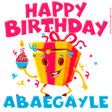 A vibrant and funny gift box character with a happy face dancing with a cupcake and the text 'Happy Birthday Abaegayle,' surrounded by animated confetti and party vibes.