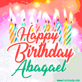 Bright birthday candles with rainbow flames on a cake, alongside the text 'Happy Birthday Abagael' in vibrant script in this celebratory animated GIF.