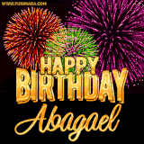 A golden 'Happy Birthday Abagael' message with vibrant fireworks in the background, creating a festive and celebratory vibe in this animated name GIF.