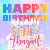 A vibrant animated name GIF with the words 'Happy Birthday Abagael' with colorful candles on a creamy cake. The background sparkles with pastel shades, adding a festive touch.