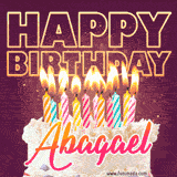 A colorful birthday cake topped with lit candles, with the words 'Happy Birthday Abagael' in bold glowing letters on a burgundy background. Animated flames add a festive touch.