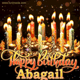 A glowing personalized birthday GIF with name Abagail featuring lit candles with intricate designs, warm lighting, and the text 'Happy Birthday' in an elegant font.