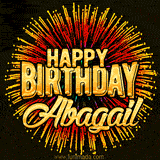 Golden 'Happy Birthday Abagail' text accompanied by animated rainbow fireworks for a festive animated greeting.
