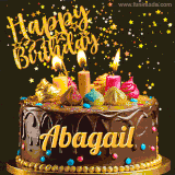 A delightful chocolate birthday cake with bright candles and 'Happy Birthday Abagail' written in gold amidst a shower of animated stars.