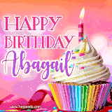 A vibrant birthday GIF featuring a rainbow-colored cupcake topped with white frosting, sprinkles, and a lit candle. The text reads 'Happy Birthday Abagail' in bold pink and violet letters with white outline.