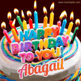 A colorful birthday cake topped with lit candles, with the words 'Happy Birthday Abagail' in bold glowing letters on a burgundy background. Animated flames add a festive touch.