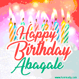 Bright birthday candles with rainbow flames on a cake, alongside the text 'Happy Birthday Abagale' in vibrant script in this celebratory animated GIF.