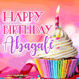 A vibrant birthday GIF featuring a rainbow-colored cupcake topped with white frosting, sprinkles, and a lit candle. The text reads 'Happy Birthday Abagale' in bold pink and violet letters with white outline.