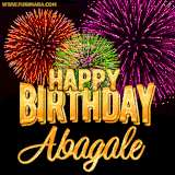 A golden 'Happy Birthday Abagale' message with vibrant fireworks in the background, creating a festive and celebratory vibe in this animated name GIF.