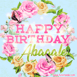 A charming animated GIF featuring 'Happy Birthday Abagale' in pink and green text, surrounded by delicate roses, leaves, and fluttering butterflies on a soft light blue pastel background.
