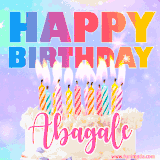 A vibrant animated name GIF with the words 'Happy Birthday Abagale' with colorful candles on a creamy cake. The background sparkles with pastel shades, adding a festive touch.
