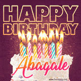 A colorful birthday cake topped with lit candles, with the words 'Happy Birthday Abagale' in bold glowing letters on a burgundy background. Animated flames add a festive touch.