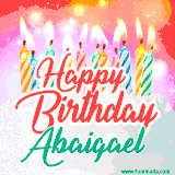 Bright birthday candles with rainbow flames on a cake, alongside the text 'Happy Birthday Abaigael' in vibrant script in this celebratory animated GIF.