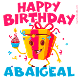 A vibrant and funny gift box character with a happy face dancing with a cupcake and the text 'Happy Birthday Abaigeal,' surrounded by animated confetti and party vibes.