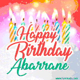 Bright birthday candles with rainbow flames on a cake, alongside the text 'Happy Birthday Abarrane' in vibrant script in this celebratory animated GIF.