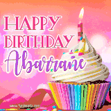 A vibrant birthday GIF featuring a rainbow-colored cupcake topped with white frosting, sprinkles, and a lit candle. The text reads 'Happy Birthday Abarrane' in bold pink and violet letters with white outline.