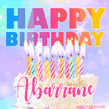 A vibrant animated name GIF with the words 'Happy Birthday Abarrane' with colorful candles on a creamy cake. The background sparkles with pastel shades, adding a festive touch.