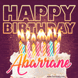 A colorful birthday cake topped with lit candles, with the words 'Happy Birthday Abarrane' in bold glowing letters on a burgundy background. Animated flames add a festive touch.