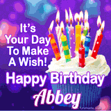 A colorful birthday GIF for Abbey featuring a cupcake with vibrant lit candles and the text 'It's Your Day to Make a Wish! Happy Birthday Abbey' in bold letters on a festive purple background.