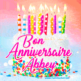A white birthday cake covered in colorful sprinkles, topped with bright candles, and French text 'Bon Anniversaire Abbey' on a pastel gradient background in an animated GIF.