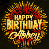Golden 'Happy Birthday Abbey' text accompanied by animated rainbow fireworks for a festive animated greeting.