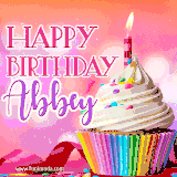 A vibrant birthday GIF featuring a rainbow-colored cupcake topped with white frosting, sprinkles, and a lit candle. The text reads 'Happy Birthday Abbey' in bold pink and violet letters with white outline.