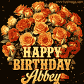 Animated bouquet of orange roses with moving butterfles and golden 'Happy Birthday Abbey' text, surrounded by sparkling accents and a dark backdrop for a luxurious feel.