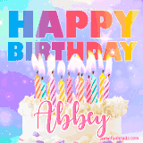 A vibrant animated name GIF with the words 'Happy Birthday Abbey' with colorful candles on a creamy cake. The background sparkles with pastel shades, adding a festive touch.