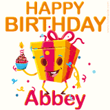 A vibrant and funny gift box character with a happy face dancing with a cupcake and the text 'Happy Birthday Abbey,' surrounded by animated confetti and party vibes.