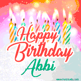 Bright birthday candles with rainbow flames on a cake, alongside the text 'Happy Birthday Abbi' in vibrant script in this celebratory animated GIF.