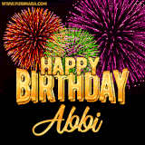 A golden 'Happy Birthday Abbi' message with vibrant fireworks in the background, creating a festive and celebratory vibe in this animated name GIF.