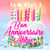 A white birthday cake covered in colorful sprinkles, topped with bright candles, and French text 'Bon Anniversaire Abbie' on a pastel gradient background in an animated GIF.