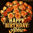 Animated bouquet of orange roses with moving butterfles and golden 'Happy Birthday Abbie' text, surrounded by sparkling accents and a dark backdrop for a luxurious feel.