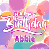 A vibrant name GIF featuring colorful balloons in shades of pink, orange, and yellow with the bold text 'Happy Birthday Abbie' in festive fonts, creating a lively birthday vibe.