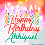 Bright birthday candles with rainbow flames on a cake, alongside the text 'Happy Birthday Abbigael' in vibrant script in this celebratory animated GIF.