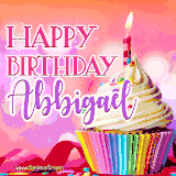 A vibrant birthday GIF featuring a rainbow-colored cupcake topped with white frosting, sprinkles, and a lit candle. The text reads 'Happy Birthday Abbigael' in bold pink and violet letters with white outline.