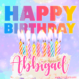 A vibrant animated name GIF with the words 'Happy Birthday Abbigael' with colorful candles on a creamy cake. The background sparkles with pastel shades, adding a festive touch.
