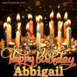 A glowing personalized birthday GIF with name Abbigail featuring lit candles with intricate designs, warm lighting, and the text 'Happy Birthday' in an elegant font.
