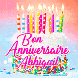 A white birthday cake covered in colorful sprinkles, topped with bright candles, and French text 'Bon Anniversaire Abbigail' on a pastel gradient background in an animated GIF.