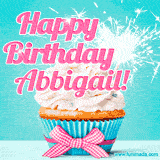 A festive cupcake with pink icing, a gingham bow, and a lit animated sparkler, paired with 'Happy Birthday Abbigail!' in bright pink text.
