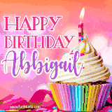 A vibrant birthday GIF featuring a rainbow-colored cupcake topped with white frosting, sprinkles, and a lit candle. The text reads 'Happy Birthday Abbigail' in bold pink and violet letters with white outline.