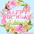 A charming animated GIF featuring 'Happy Birthday Abbigail' in pink and green text, surrounded by delicate roses, leaves, and fluttering butterflies on a soft light blue pastel background.