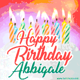 Bright birthday candles with rainbow flames on a cake, alongside the text 'Happy Birthday Abbigale' in vibrant script in this celebratory animated GIF.