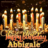 A glowing personalized birthday GIF with name Abbigale featuring lit candles with intricate designs, warm lighting, and the text 'Happy Birthday' in an elegant font.