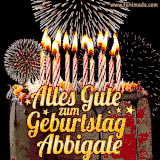 A chocolate birthday cake with glowing candles, the German text 'Alles Gute zum Geburtstag Abbigale,' and vibrant fireworks lighting up the background in an animated GIF.